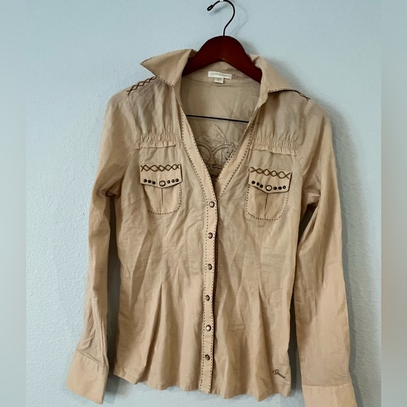 Guess Jeans Beige Dress‎ Shirt Button-down Top Sm western Y2K - Picture 1 of 7